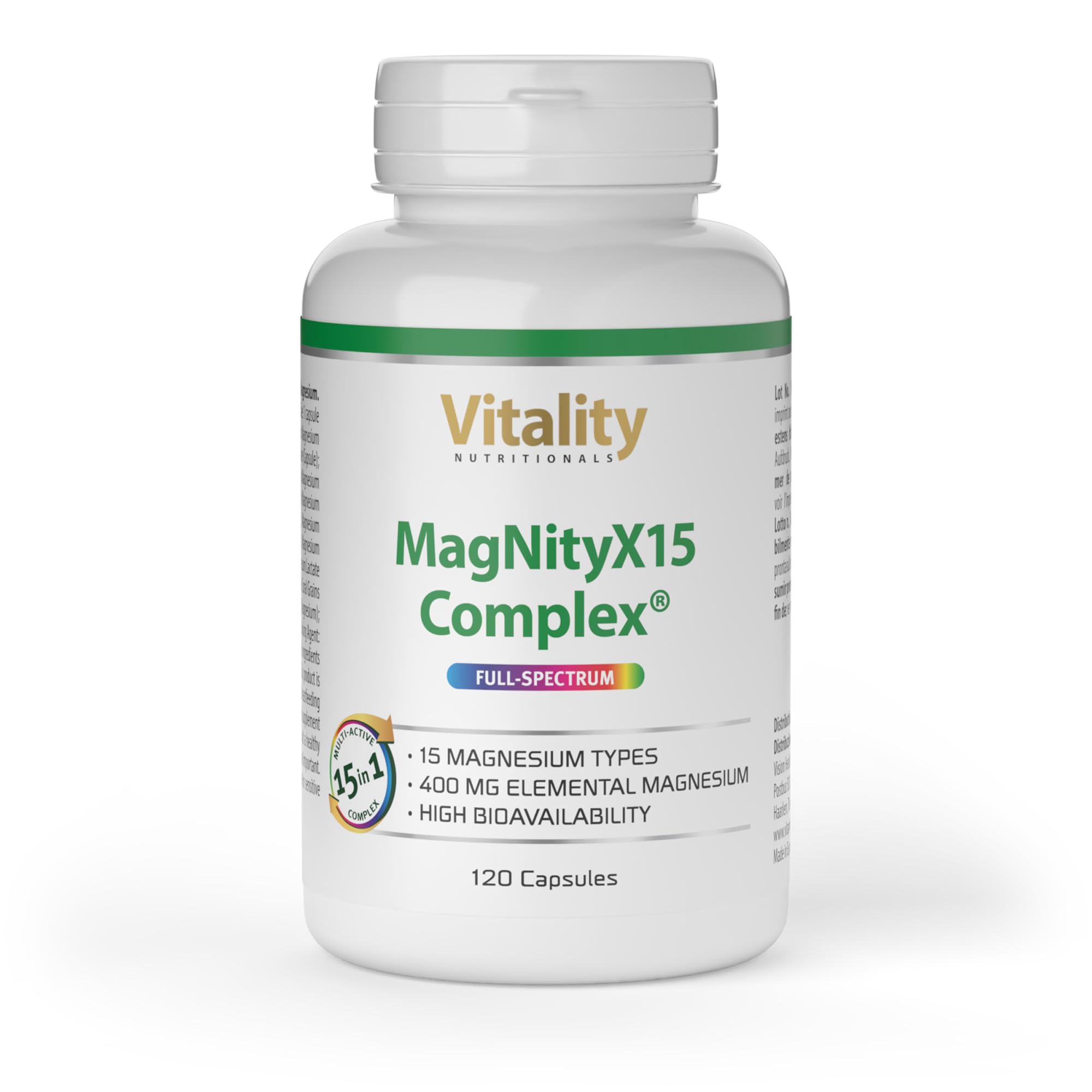 Magnesium Komplex MagNityX15 15 Magnesiumverbindungen inkl. Magnesium Bisglycinat Citrat & Malat 400 mg pro Tagesdosis 120 Kapseln Muskeln Knochen Nerven Vitality Nutritionals by Vitamin Express
