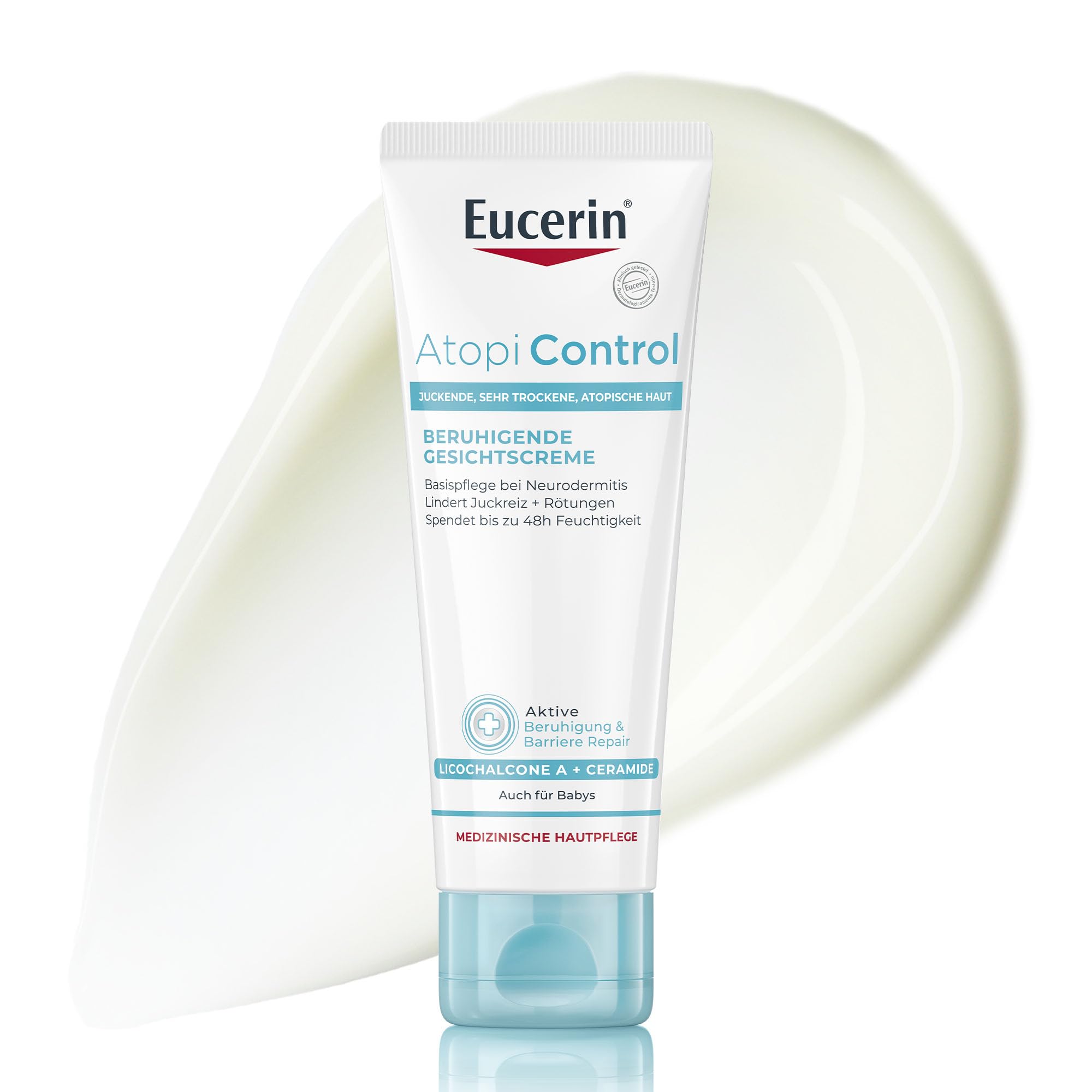 Eucerin AtopiControl Beruhigende Gesichtscreme 50 ml, Basis Hautpflege bei trockener und atopischer Gesichtshaut, feuchtigkeitsspendende Lotion mit Ceramiden und Licochalcone A