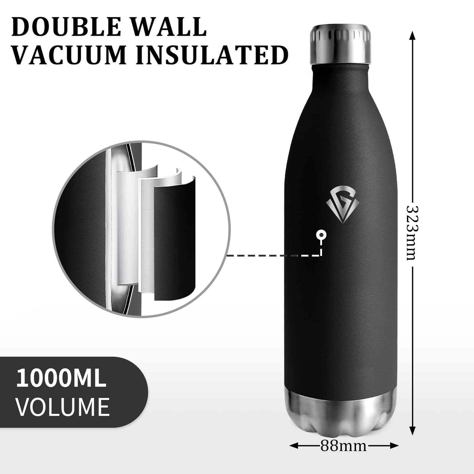 Borraccia Termica 1 litro, Borraccia Palestra Senza BPA, Isolamento Sottovuoto, Borracce Acciaio Inox, Bottiglia Termica a Prova di Perdite per Campeggio, Gym, Fitness