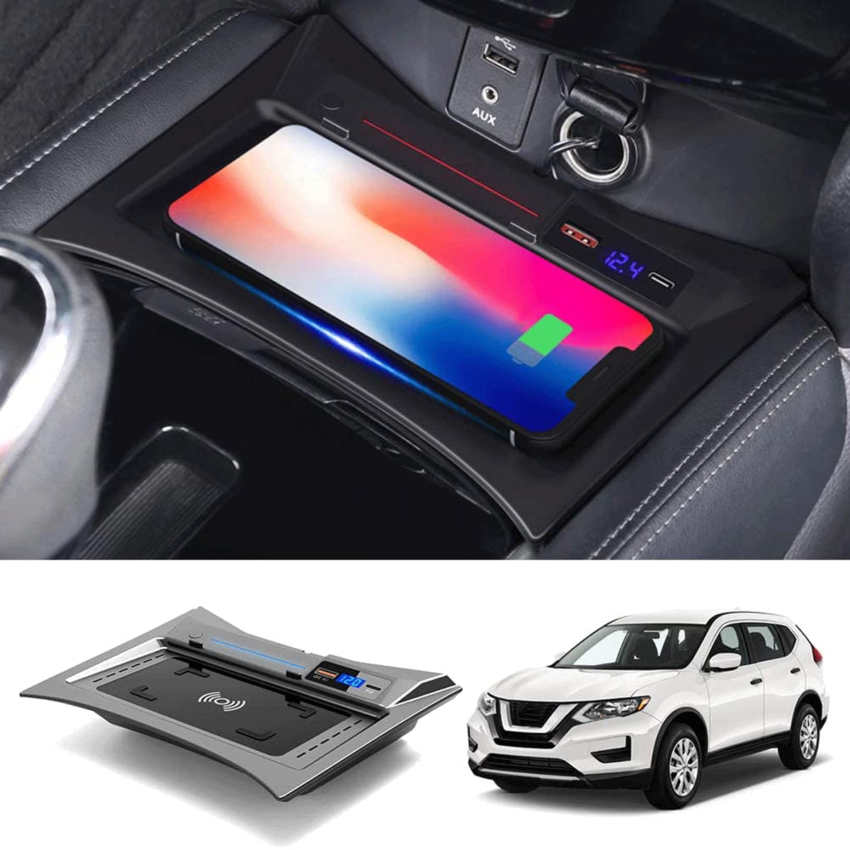 XLARSH 15W Fast Wireless Car Charger for 2014-2019 ni-ss-an Rogue Fasting Charging with 36W USB Port Wireless Qi Phone Charger Pad for All Qi Phone