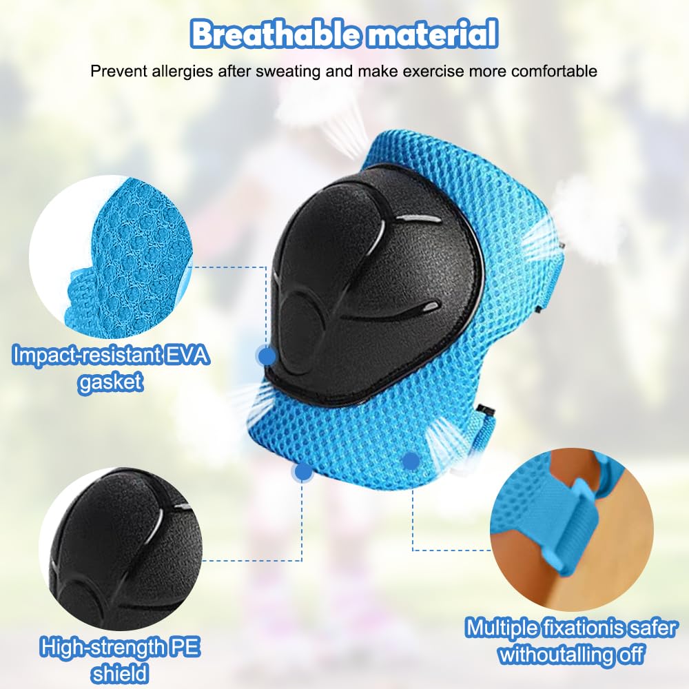 mizikuu Casco Bici Niño, 7 In 1 Set de Protecciónes Infantiles Adjustables Rodilleras Coderas y Muñequeras Almohadilla De Seguridad Protector para Patinar, Bicicleta, BMX, Monopatín, Aeropatín, Azul