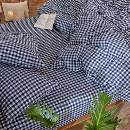 Image of MooMee Gingham Duvet Cover Set 100% Washed Cotton Linen Like