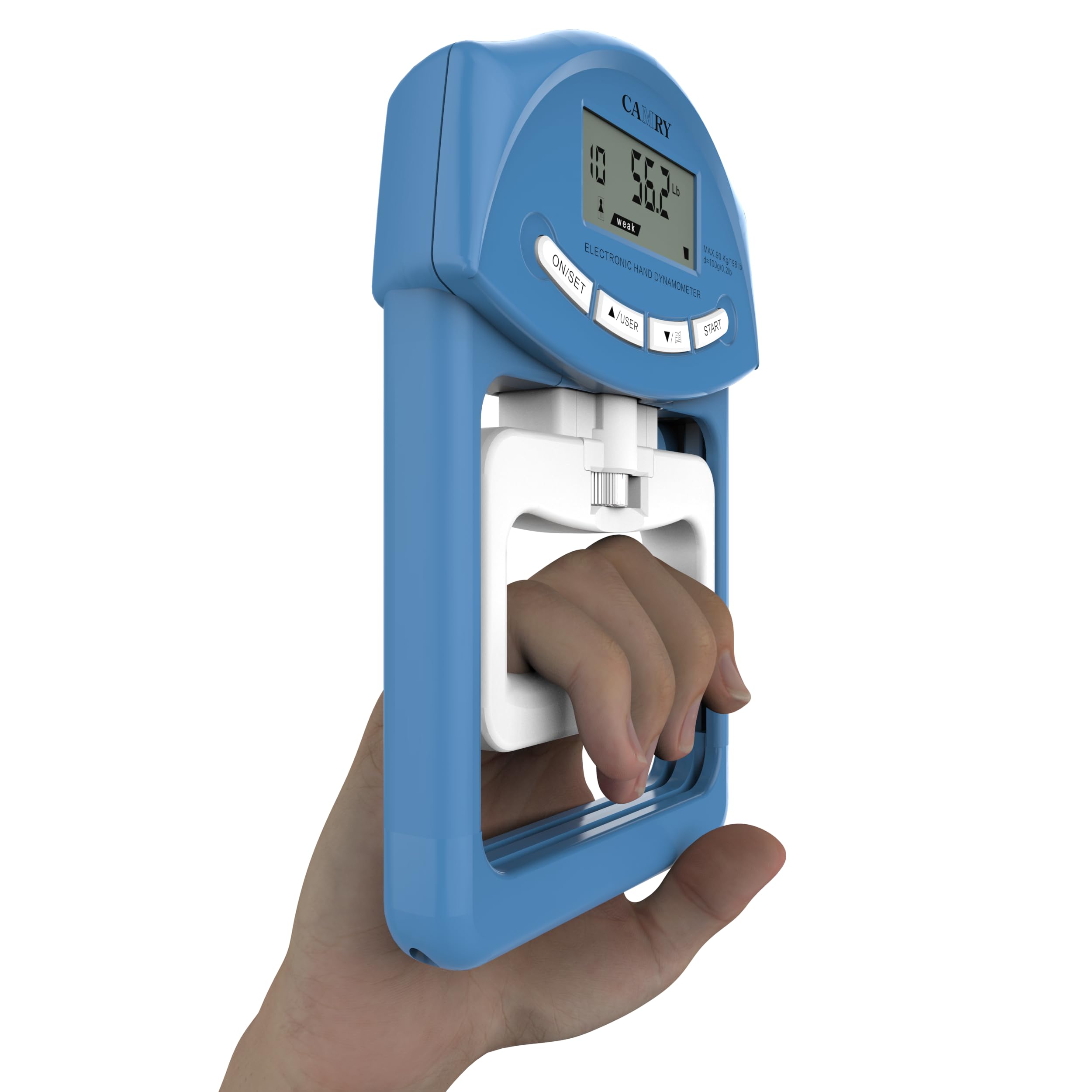 CAMRY Dinamometro Digitale per Mano, Misuratore di Forza di Presa, 198 Libbre / 90 Chilogrammi, Cattura Automatica della Potenza di Presa Elettronica, Blu e Bianco