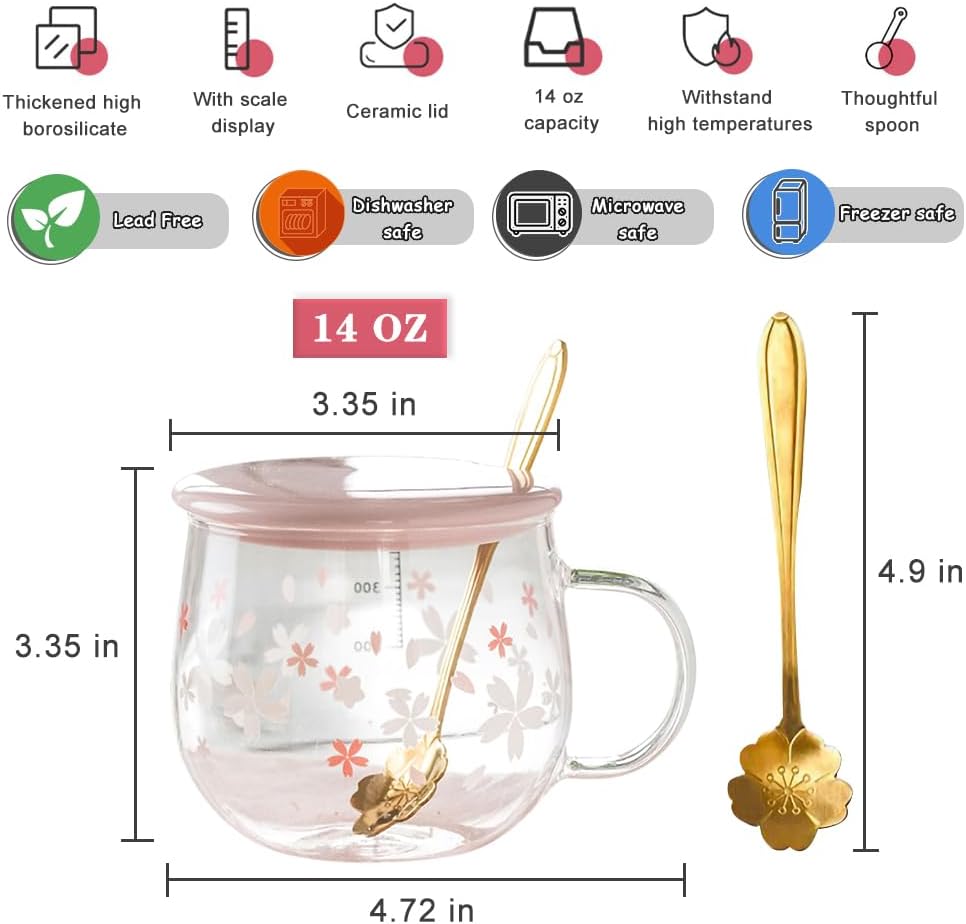 Cute Home Coffee Glass, Creative 14Oz Large Capacity Tea Cup with Handle and Lid, Office Heat Resistant Sakura Cup, Water Glasses, Coffee Cups(Pink A,3 Piece Set)