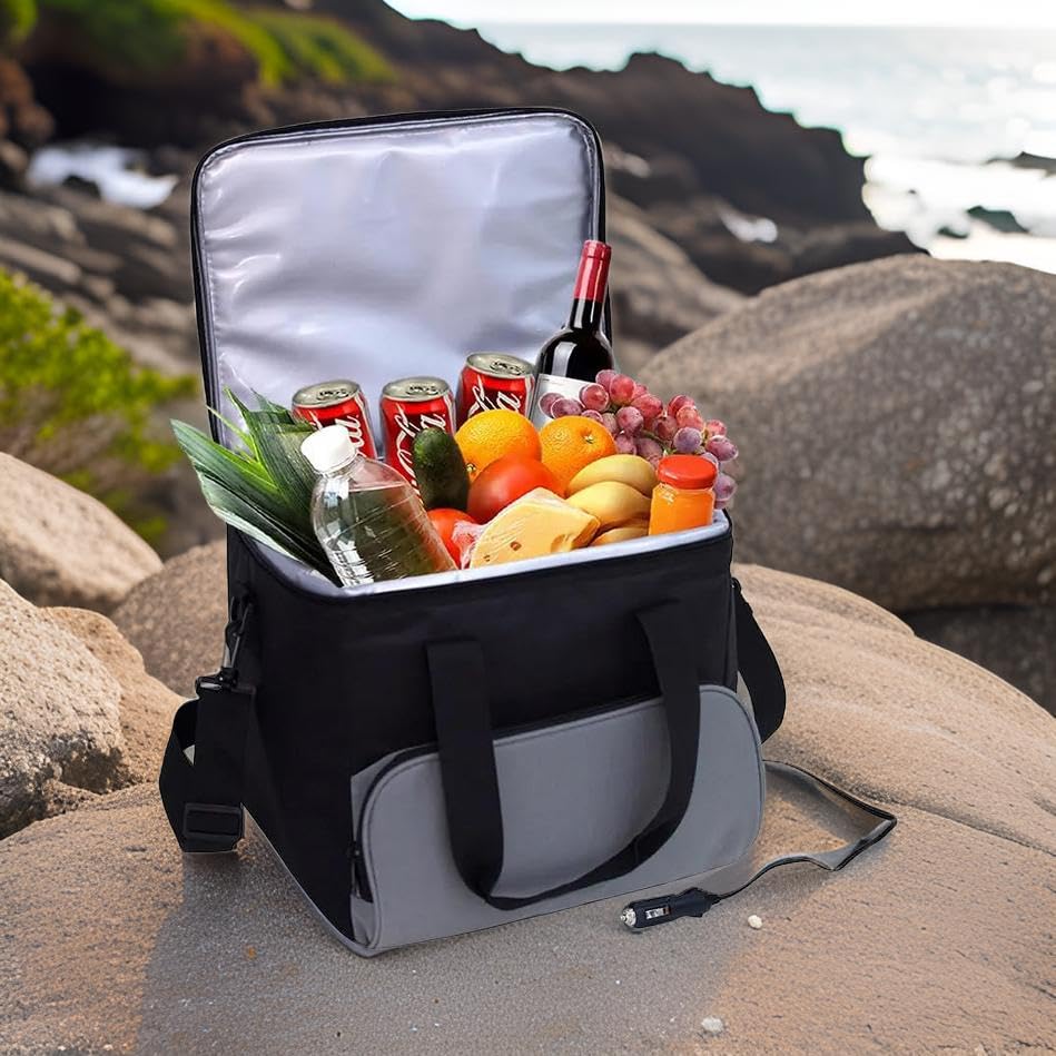 DM4U Thermoelectric 12V Portable Electric Collapsible Car Cooler Bag for Travel, Picnic, Camping and Hiking Grey – 24 litres with AC to DC Converter 12V 5A Adapter