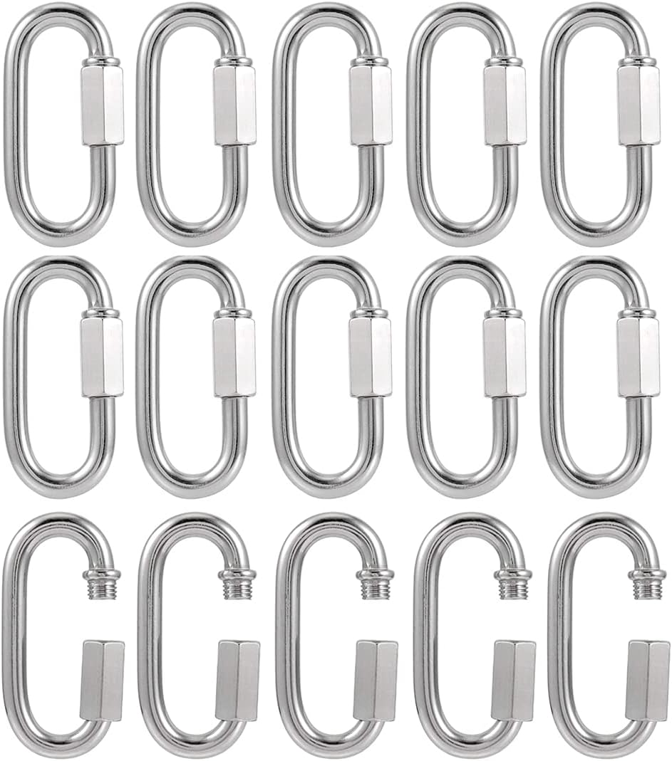 Syolee15 Pack Quick Link 304 Stainless Steel Chain Connector Heavy Duty D Shape Locking Carabiner Pets Keychain Repair Links for Camping, Hammock and Outdoor Traveling Equipment (M3.5 1/8 inch)