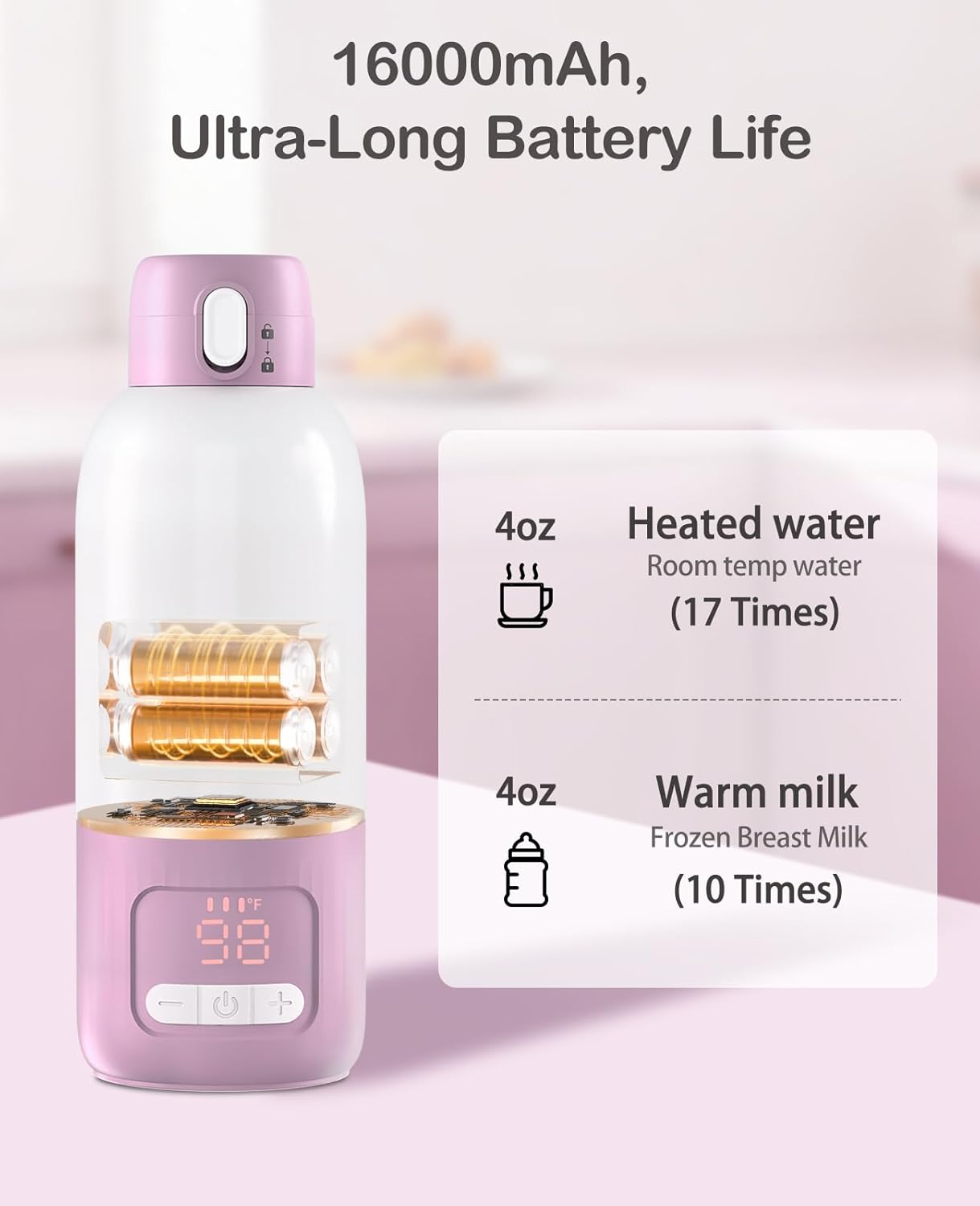 Portable Bottle Warmer for Travel, 17 oz Large Capacity & 16000mAh Extended Battery Life, 8 Temp Contorl, Breastmilk/Formula/Water/Milk 2Min Fast Warmer Heating, Ideal for Travel, Outdoor - Image 3