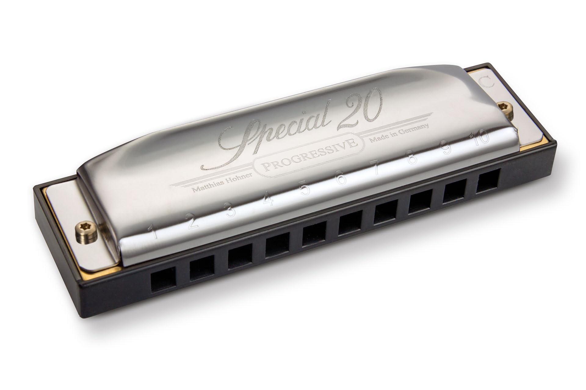 Hohner Harmonica Special 20 Key C Progressive Series 560PBXC 10 agujeros, paquete con estuche duro, mini collar de armónica Juliet Music paño de pulido