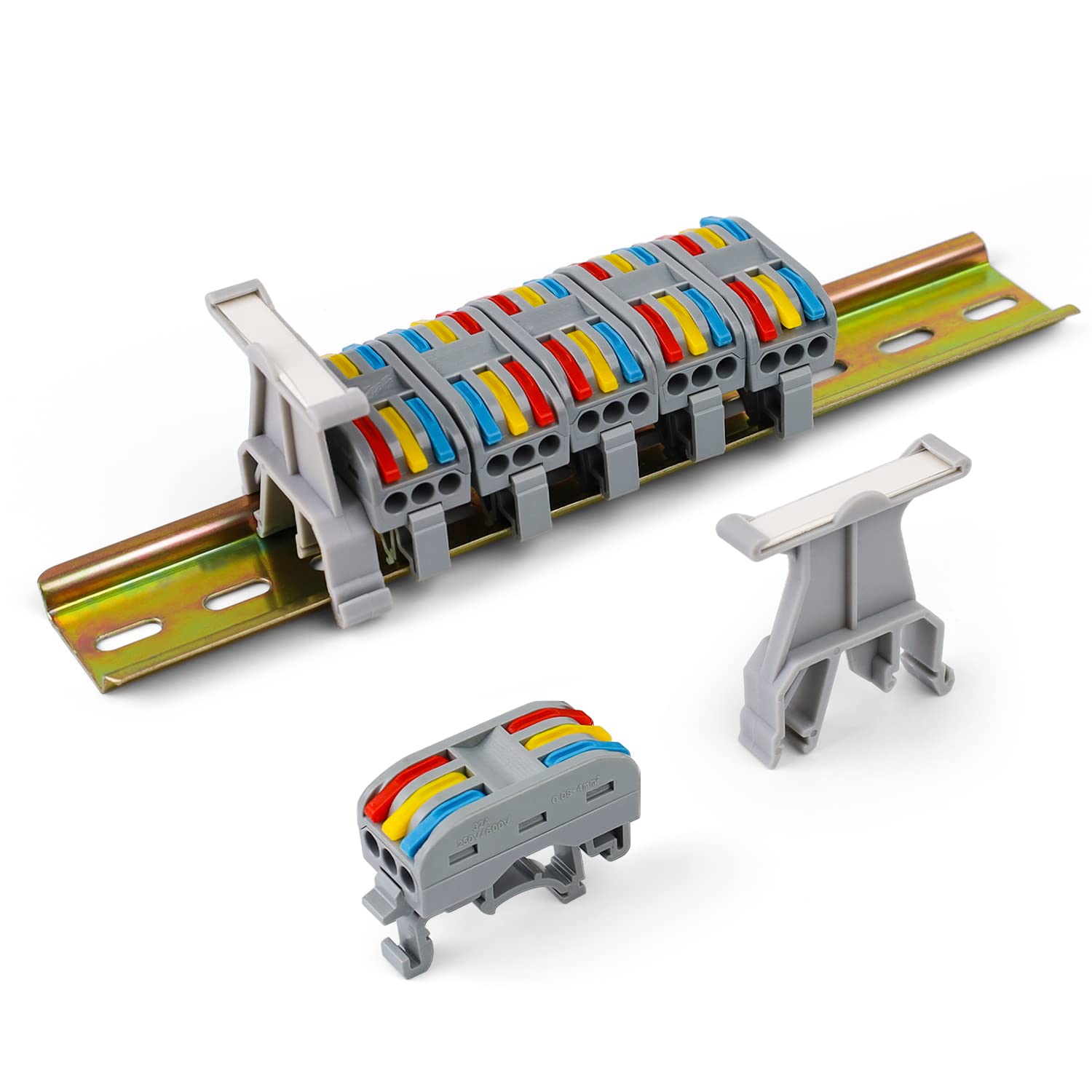 Compact Wire Connectors, LNSYSNS DIN Rail Terminal Block Kit, 6 Pcs 3 Port Inline Electrical Connectors Push Fit with 20 cm Long Metal DIN Rail, Insulated and Flame cable connectors, for Fast Wiring