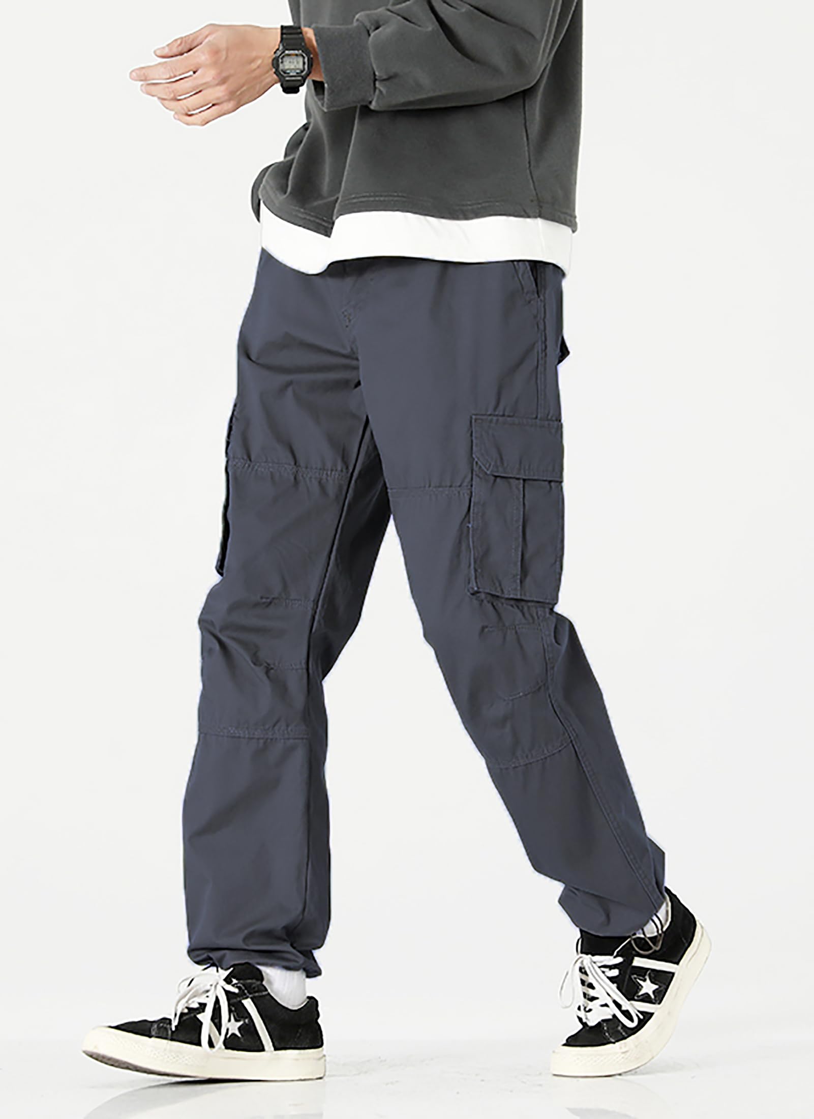 iMackky Men's Elastic Waist Cargo Pants Casual Relaxed Fit Pants Tactical Hiking Pants Lightweight Multi Pockets Dark Grey 30