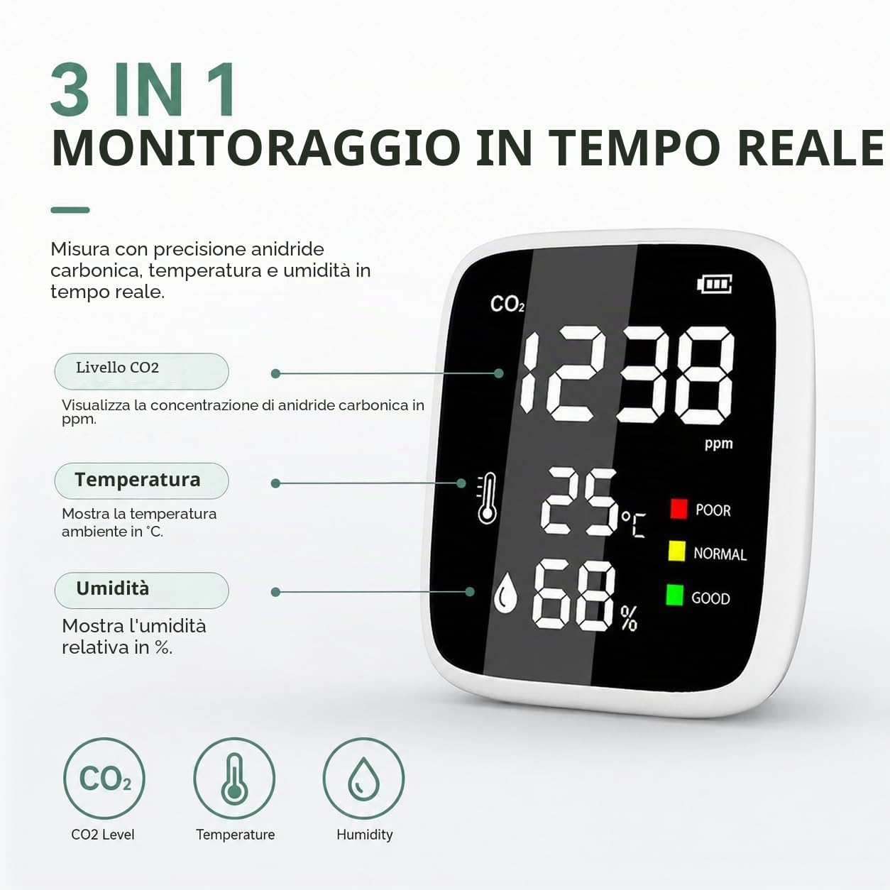 Misuratore di CO2, Rilevatore Co2, Misuratore di Temperatura E Umidità Con Allarme, Ricaricabile Rilevatore Di Anidride Carbonica Misuratore Qualità Dell'Aria Per Casa, Ufficio, Viaggio