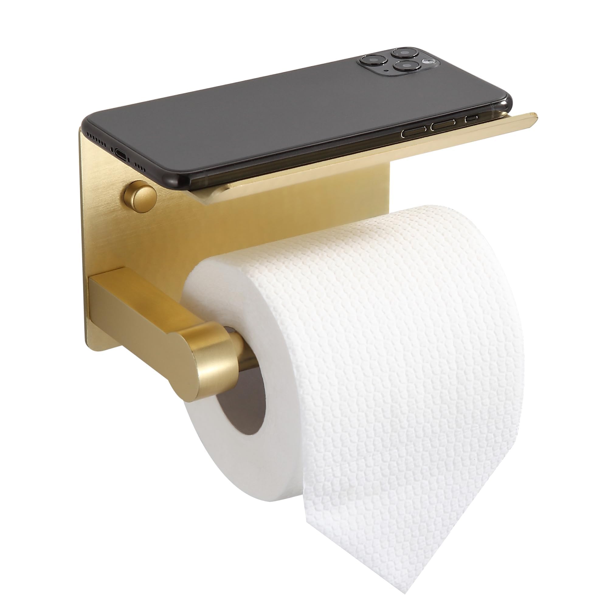 BGL Toilet Paper Holder with Shelf, Jumbo Roll Toilet Paper Holder for Large Rolls,Brushed Gold Adhesive Toilet Roll Holder for Bathroom，Renter Friendly Toilet Paper Holder