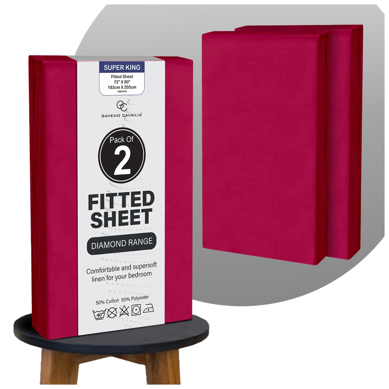 GC GAVENO CAVAILIA Breathable Lightweight Plain Dyed Super King Fitted Sheet Bedding, Luxury Polycotton Superking Fitted Sheet 2 Pack, Extra Deep Soft Elasticated Corner Bed Sheets (25 cm), Red