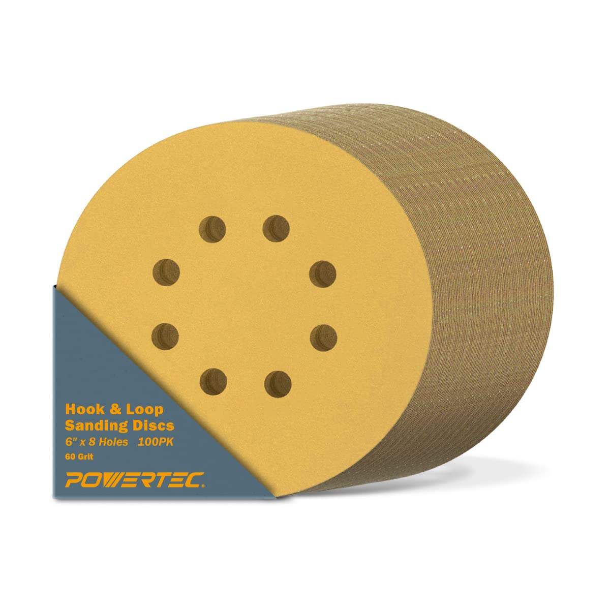 POWERTEC 44206G-50-P2, 6 pulgadas x 8 agujeros, grano 60, disco de lijado de gancho y bucle, 100 unidades, oro
