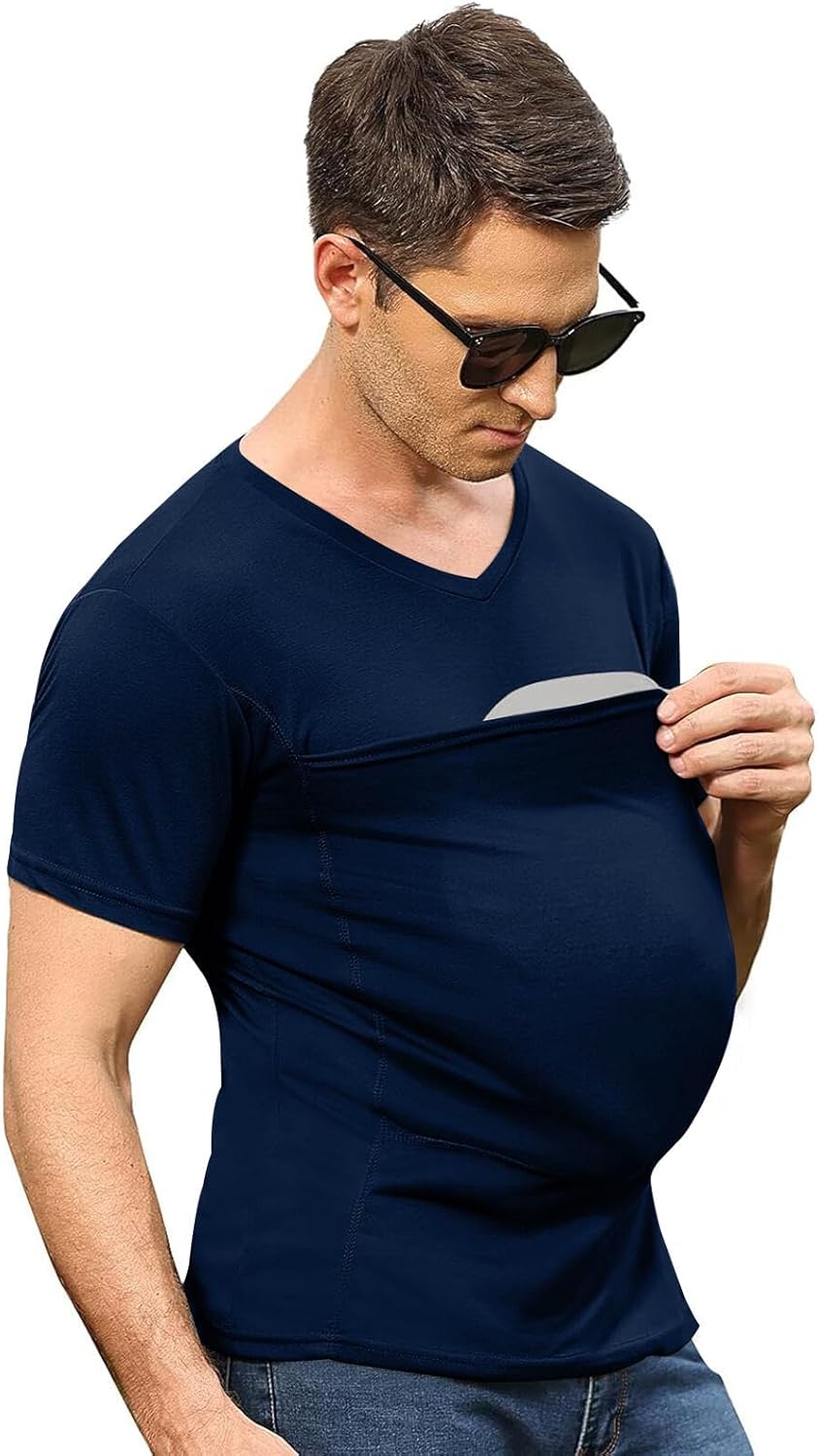 Mens Baby Carrier Shirt V Neck Short Sleeve T-Shirts for Men Skin to Skin T-Shirt with Pocket
