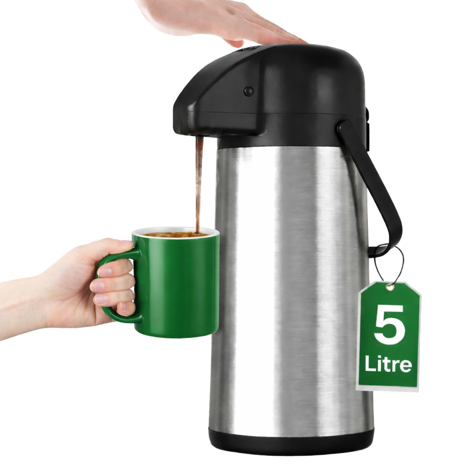 Hot Water Dispenser 5 Litre Thermal Pump Action Flask Carafe, Non Electric Stainless Steel Hot Water Dispenser for Tea & Coffee, Insulated Hot Drinks Dispenser for Catering, Events & Office Use-image-23