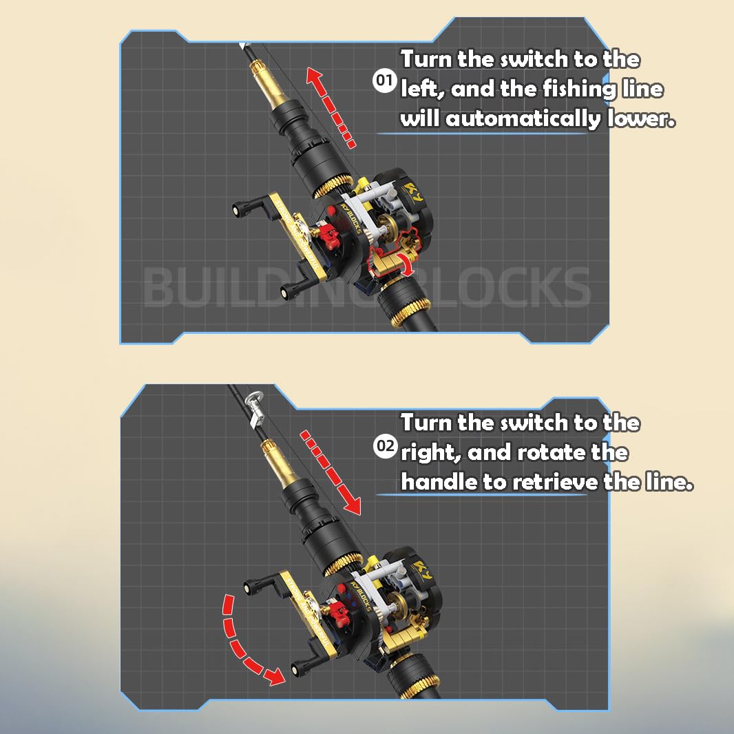 Juego de construcción de bloques de construcción de caña de pescar, 589 piezas de bloques de sujeción con carrete de cebo, MOC simulado ajustable Caña de pescar Set de construcción, regalos