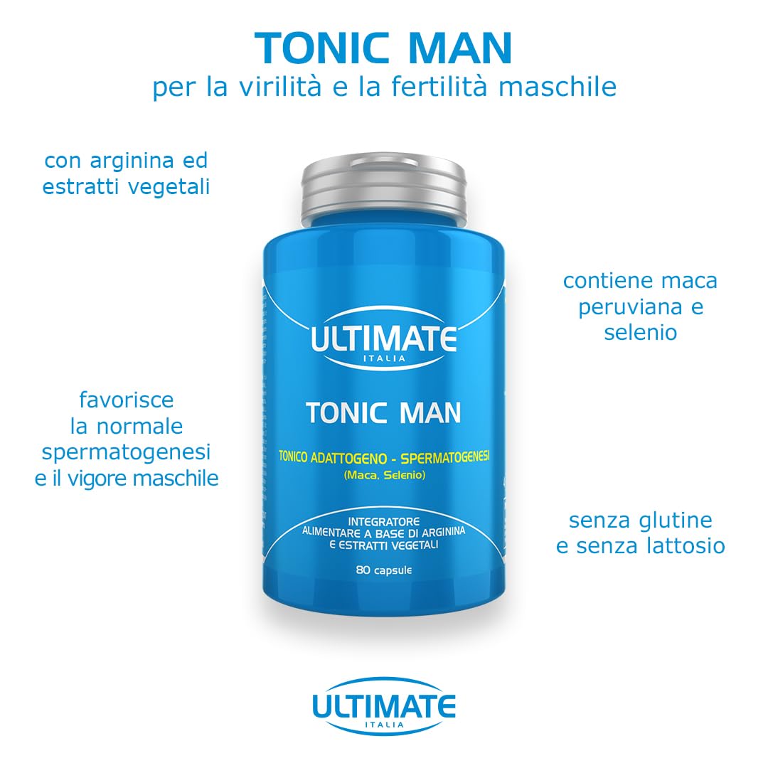 Ultimate Italia - Tonic Man integratore con arginina, maca e selenio per la virilità e la fertilità maschile - 80 compresse - favorisce la spermatogenesi, senza glutine e lattosio