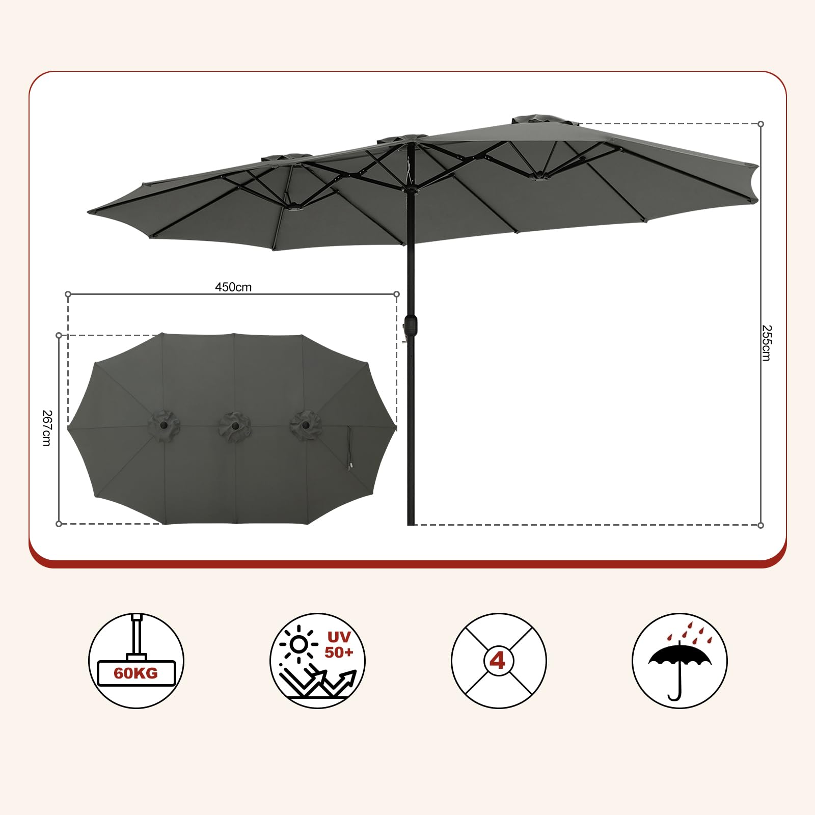 Laneetal Doppelsonnenschirm, XXL Extra großer Sonnenschirm, Gartenschirm, UV-Schutz bis UPF 50+, Terrassenschirm, mit Kurbel, für Garten, Terrasse, Pool und Patio