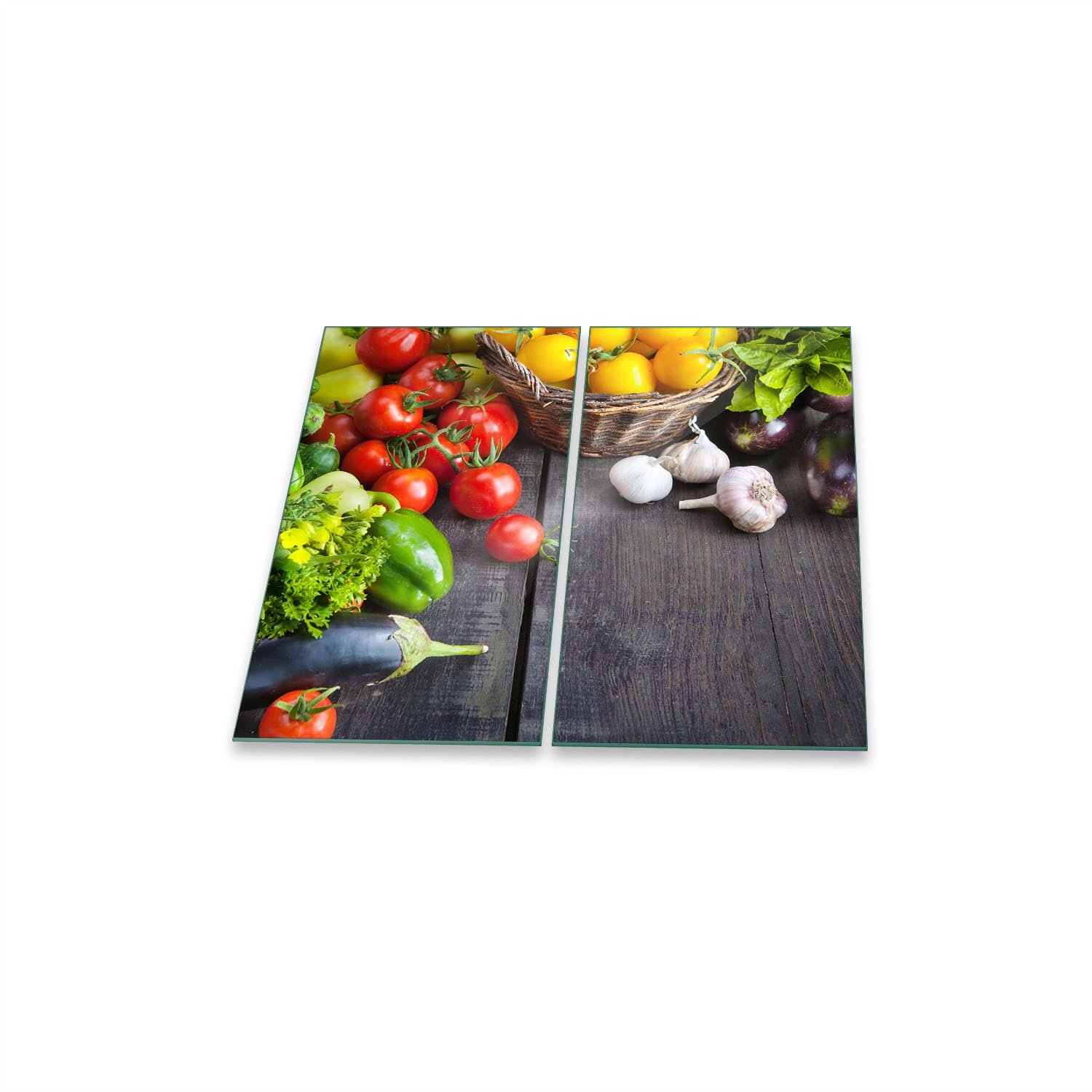 Herdabdeckplatte Abdeckung Ceranfeld Abdeckplatte Schneidebrett 2-Teilig 60x52 Gemüse Mehrfarbig Spritzschutz Glasplatte Ceranfeldabdeckung Schutz Herdschutz Sicherheitsglas Glasschneidebrett 2x30x52