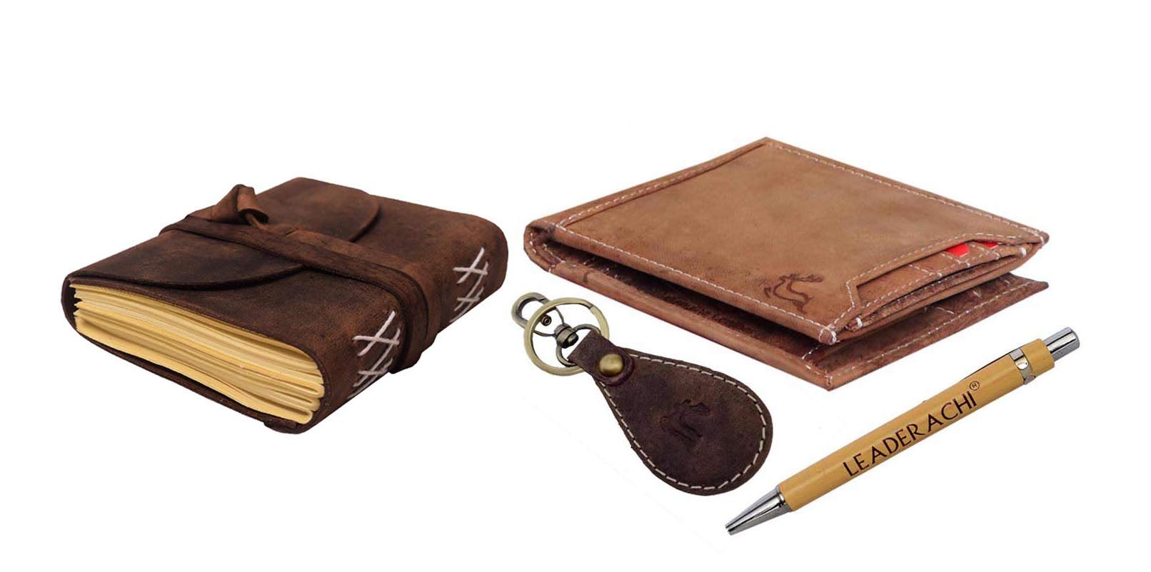 LEADERACHI Genuine Full Grain Leather Bi fold Wallet & Leather Journal Diary with Designer Leather Key Ring & Wooden Pen Combo Gift Box for Men (WPKD-14)