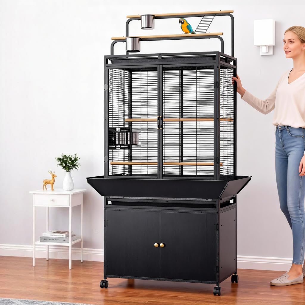 71 Inch Large Bird Cage with Play Top & Storage Cabinet, Flight Birdcage for Parrot, Cockatiel, Macaw Budgie, Rolling Corner Bird Aviary Black