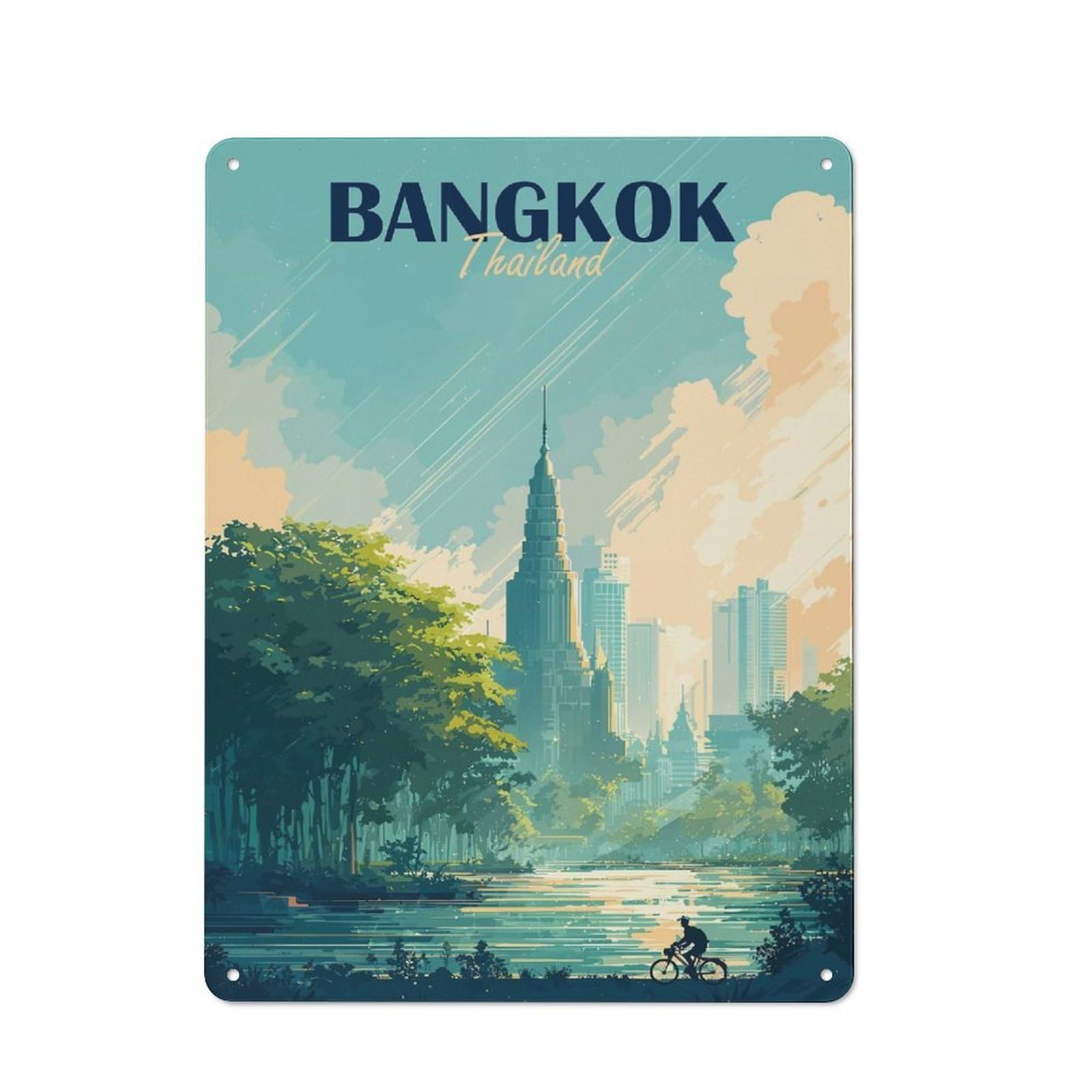 Junmoney Bangkok Thailand Cityscape Illustration Industrial Metal Sign 40X30cm, Clean Industrial Loft Wall Plaque For Modern Home, Workshop, Office Or Cafe