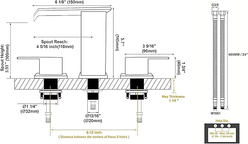 Miniatura 6 de Grifo de lavabo de baño generalizado de 3 agujeros, dos asas, 8 pulgadas, grifo de lavabo de tocador negro, grifo de lavabo de baño con drenaje