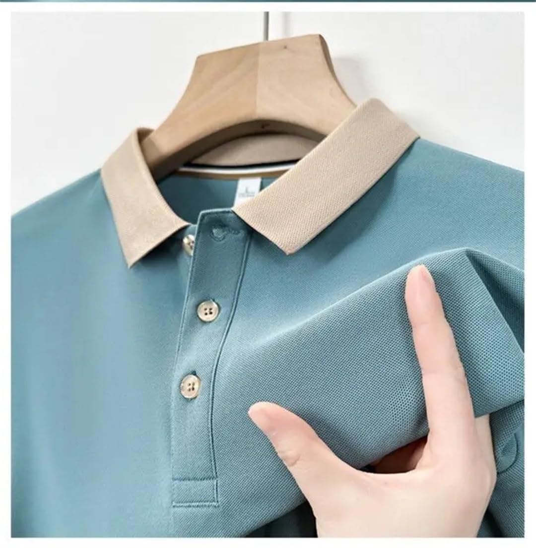 Disimlarl Herren-Poloshirt, lässig, locker, kurzärmelig, Revers, Knopf, Patchwork, atmungsaktiv, Baumwolle
