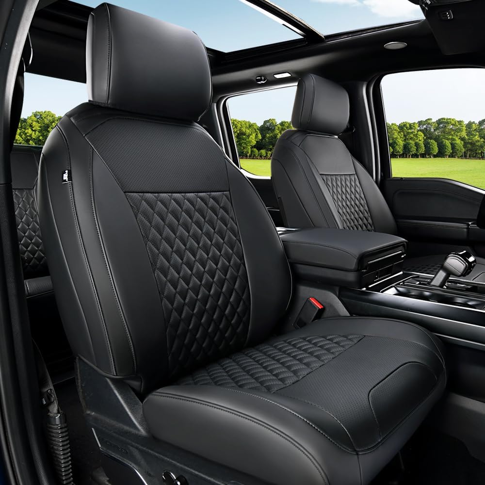 F150 Seat Covers 2021 2022 2023 2024 2025 Custom fit Made of Second-Generation Faux Leather Comfortable Seating Durable and Sturdy high tensile Strength not Easy to Tear More Durable（Black）