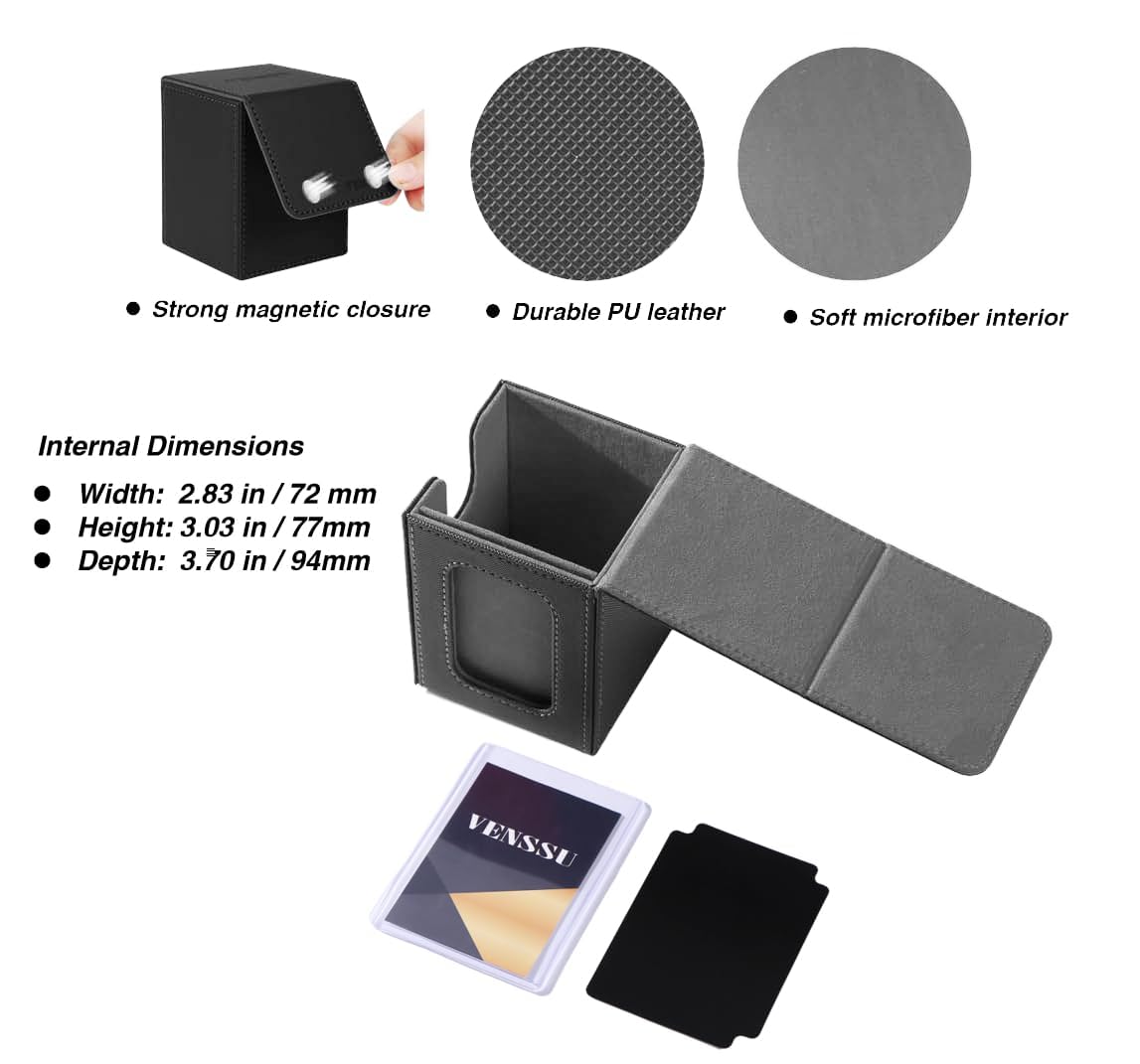 Venssu MTG Deck Box With Slot For Commander Display, Patented Design, Fits 100+ Double /120+ Single Sleeved Cards, With 2 Dividers And 1 Toploader,Compatible with board game TCG CCG (Black?Grey)
