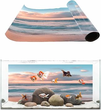 Beach Ocean Aquarium Background 12x24 Inch Self-Adhesive Fish Tank Decorations, Sunset Scenery Seashore Horizon Summer Decorative Fish Tank Background Polyester Aquarium Decor Poster