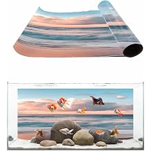 Beach Ocean Aquarium Background 12x30 Inch Self-Adhesive Fish Tank Decorations, Sunset Scenery Seashore Horizon Summer Decorative Fish Tank Background Polyester Aquarium Decor Poster