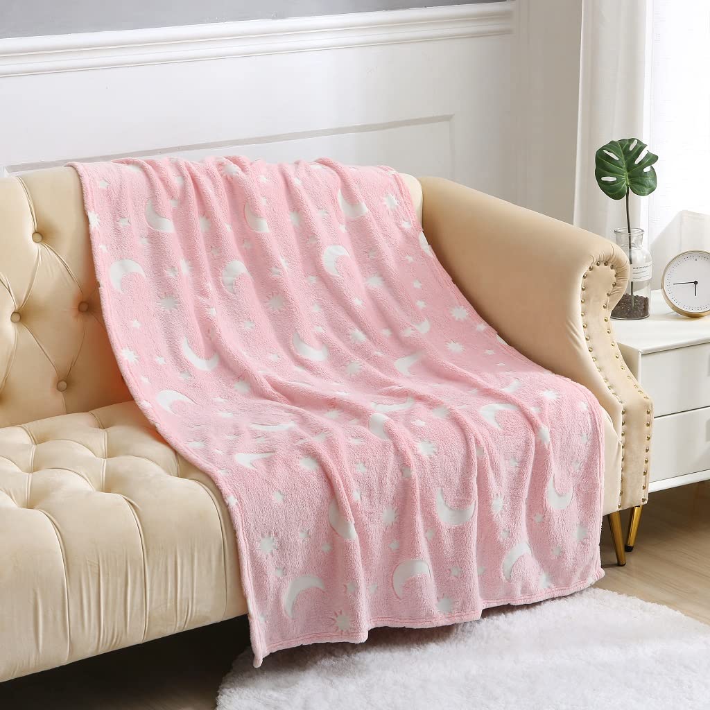 Dazzle Collection Moons and Stars Throw Blanket Glow in The Dark Fleece Blanket All Seasons Christmas Holiday Birthday Gifts for Teen Kids Girls Boys (Moon and Stars Pink, 100cm X 150cm)