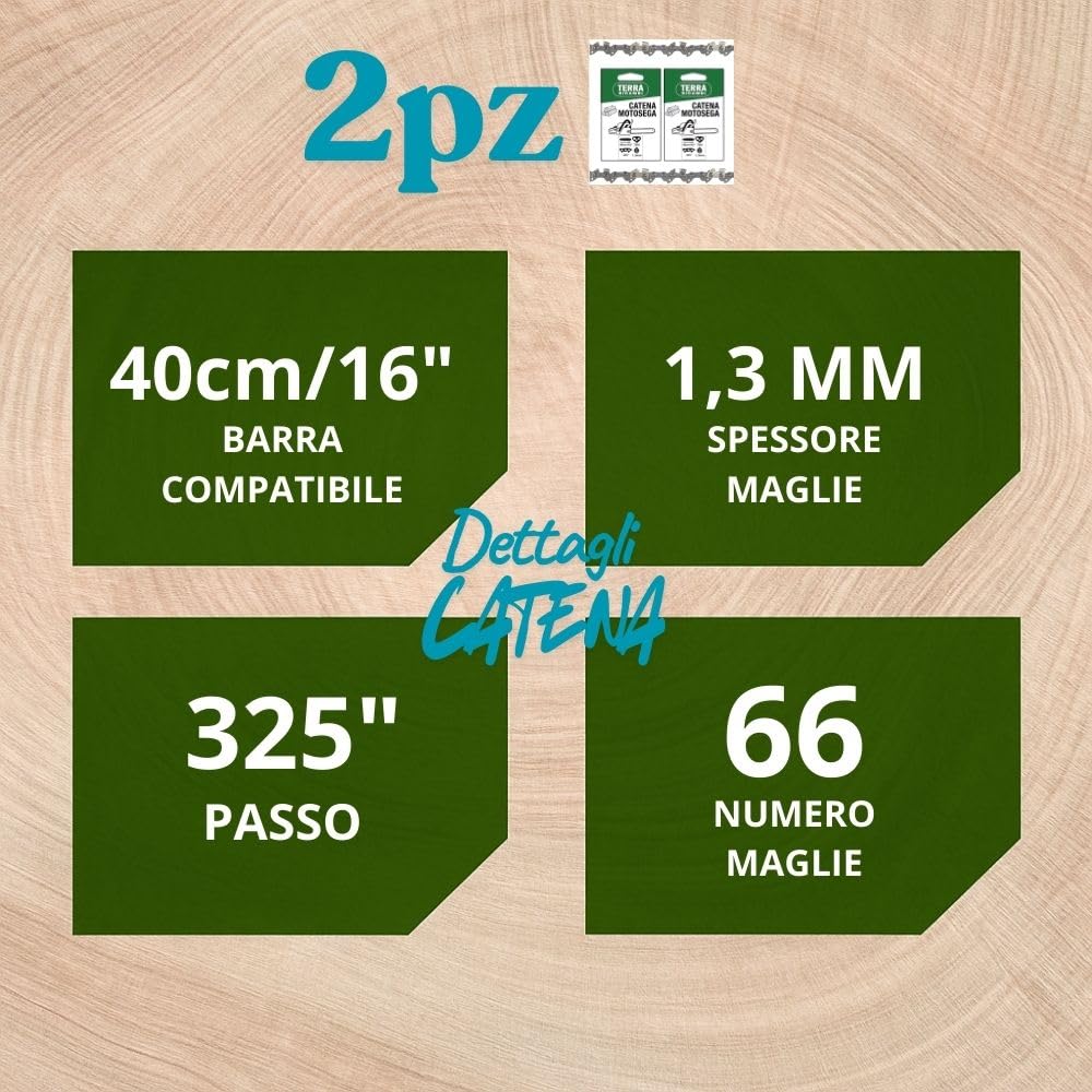Set 2 Catene Motosega 325” 1.3mm – 66 Maglie per Barra 40cm/16" – Basso Contraccolpo, Alta Durata – Qualità Tedesca Terra Ricambi – Per Uso Agricolo, Forestale e Fai da te.