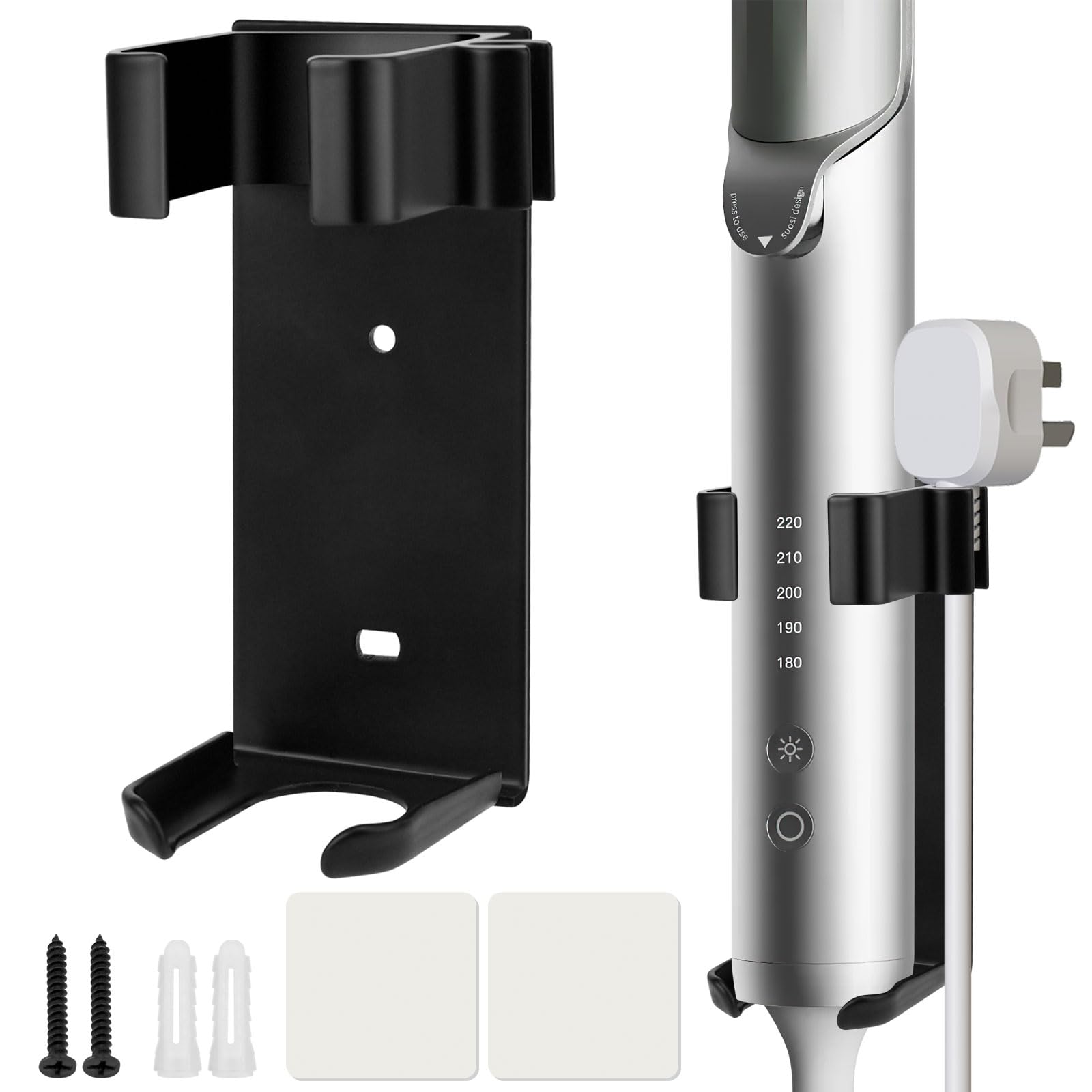 Supporto Da Parete Per Phon E Piastre - Acciaio Inox, Adesivo, Senza Fori, Nero - Foto 10