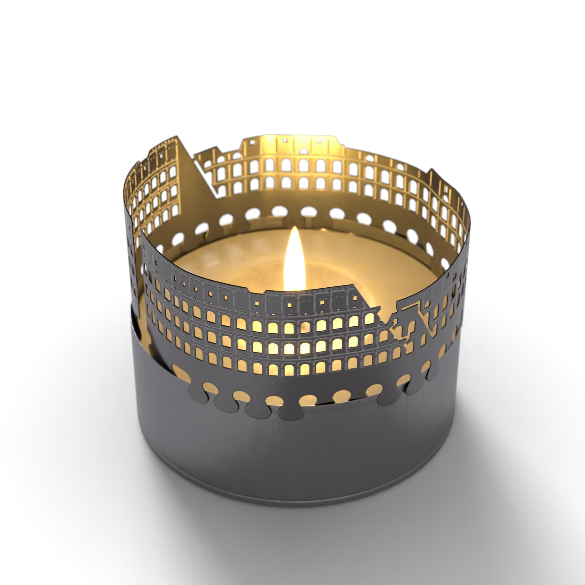 13gramm Colosseum skyline candle votive gift souvenir, 3D stainless steel silhouette for a tea light inclusive greeting card