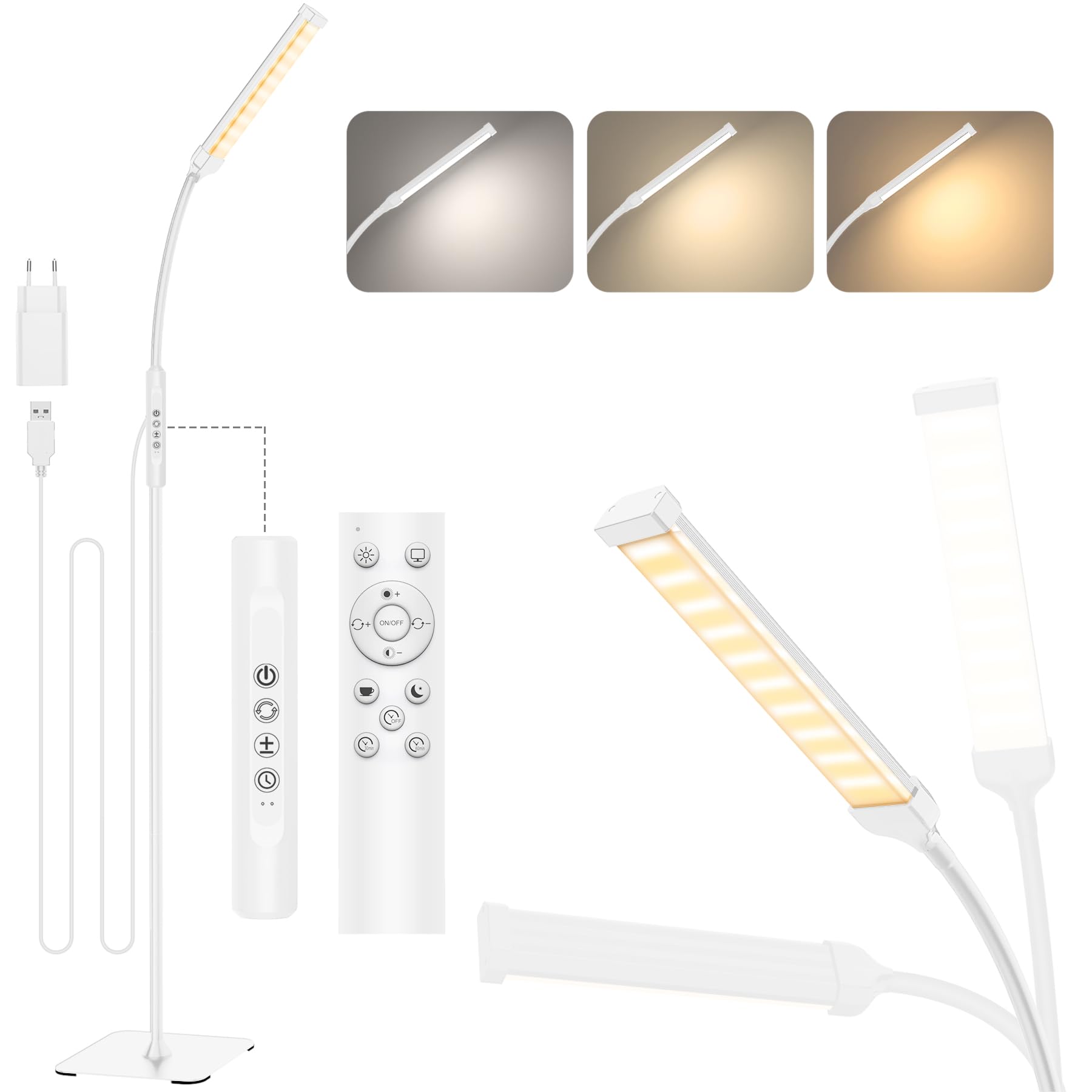 Mojimdo 120 LED Stehlampe, helle Stehlampen für Wohnzimmer, 3 Farbmodi & 10 Helligkeiten 3000K-6000K Standlicht, Schwanenhals Leselampe mit Fernbedienungen für Schlafzimmer Büro