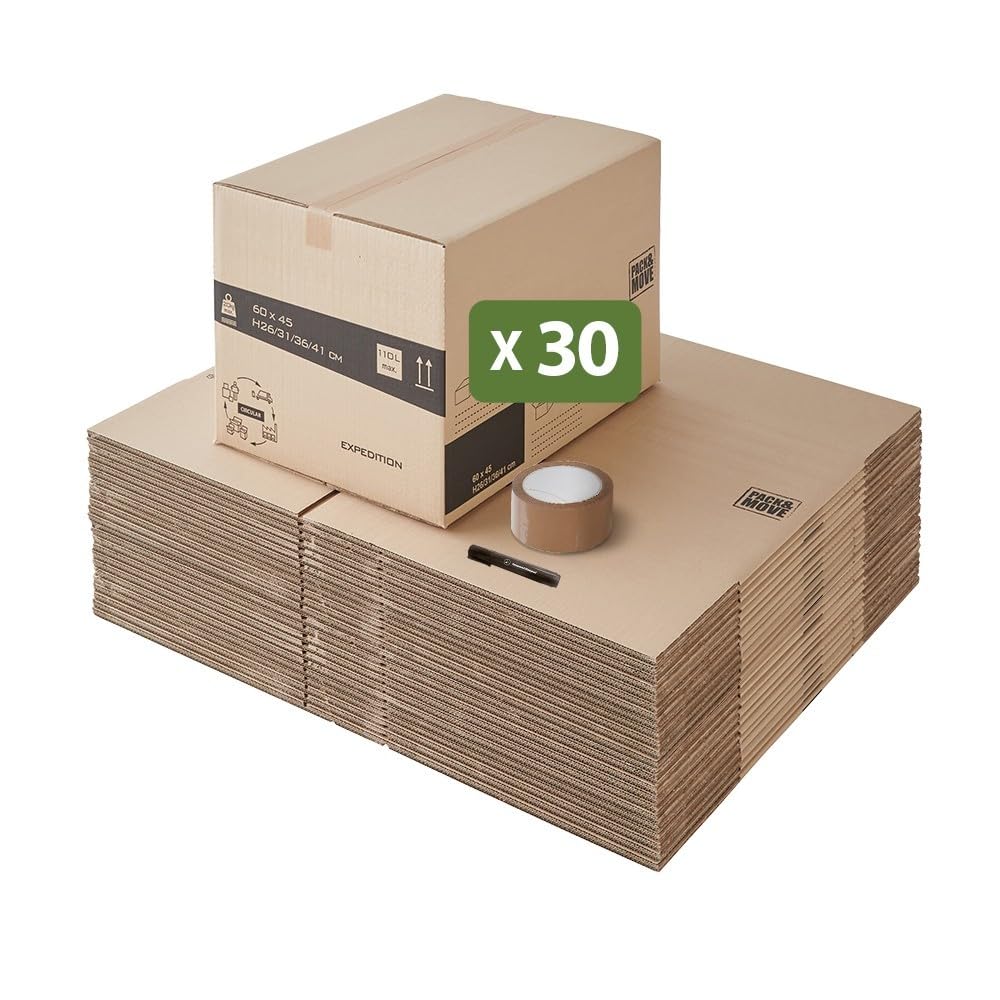 Pack and Move - Zestaw 30 kartonów do przeprowadzki o wysokości modułowej: zmienna i możliwość dostosowania – 60 x 45 x 31 – 41 cm – wzmocnione uchwyty – 1 klej w prezencie