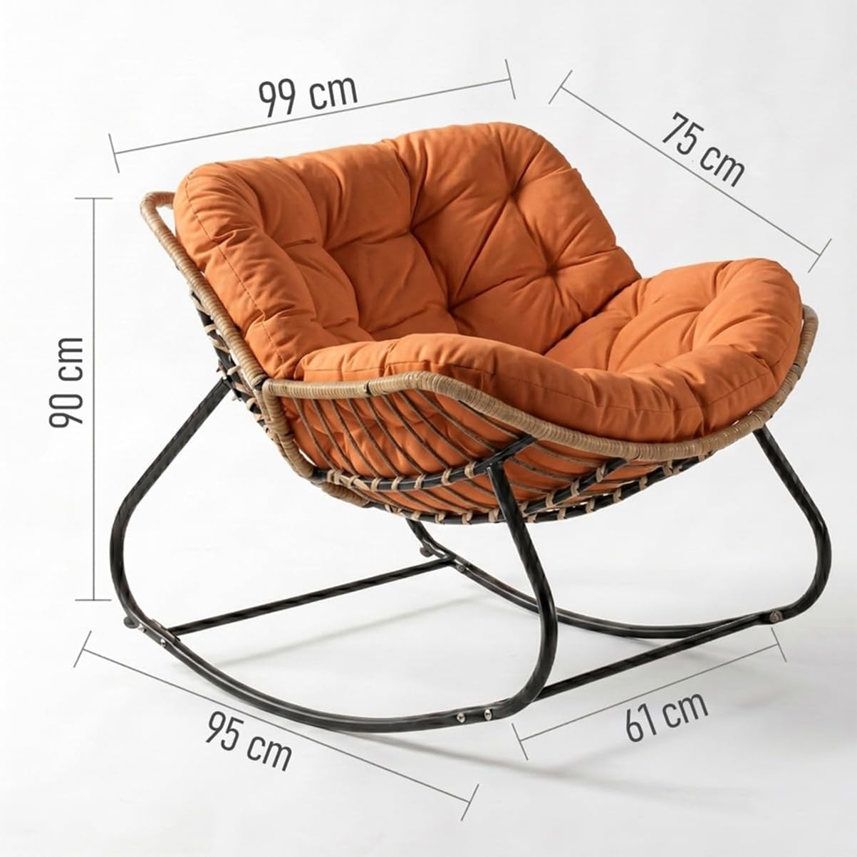 Boho Schaukelstuhl für Garten & Balkon mit Kissen – Rattan Relaxsessel & Lounge Rocker mit stabilem Metallgestell (Blau)