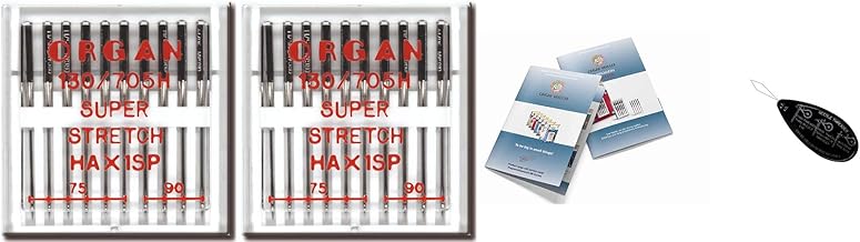 Organ Aiguilles pour machine à coudre domestique – Super extensibles (HA x 1SP), 2 paquets de 10, tailles 75/11 et 90/14 + grand enfile-aiguille unique et guide d'index d'aiguille Organ