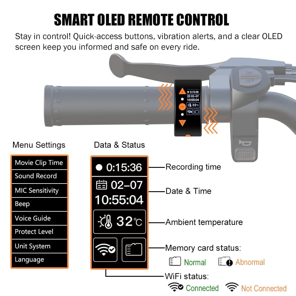VSYSTO WiFi Dash Camera per moto, controller con display OLED, download video ad alta velocità, telecamera anteriore e posteriore 1080P, avviso in caso di vibrazioni anomale, sensore G (Q3L)