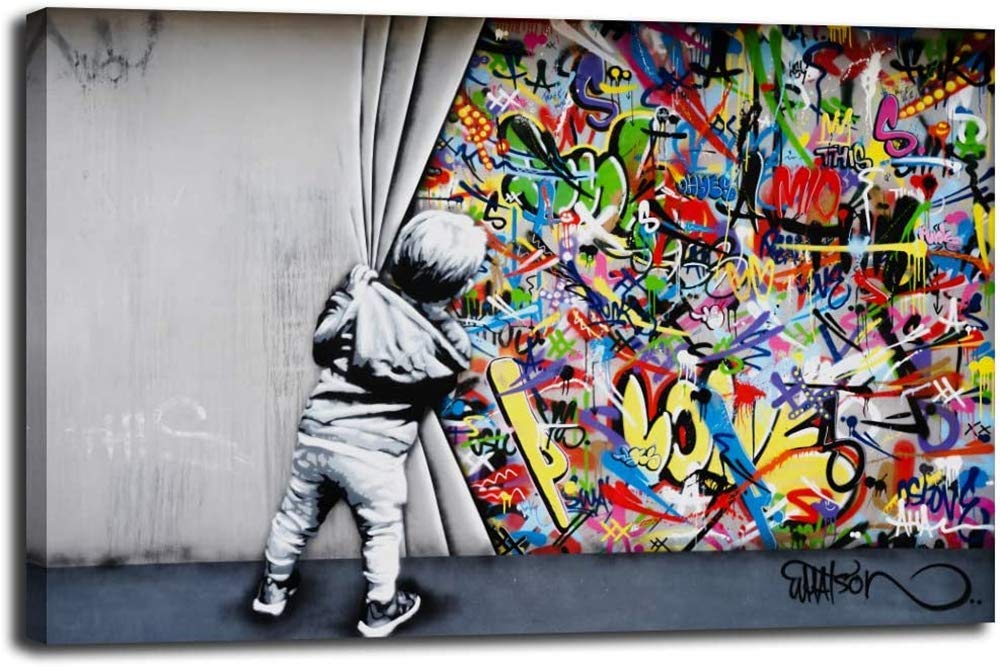 Mjedc Behind The Curtain Graffiti Art2 Banksy Canvas Wall Art Behind The Curtain Street Graffiti Art Canvas Prints For Living Room Bedroom Home Decorations Modern Stretched Framed Giclee Artwork 20X30cm(7.9X11.8inch)