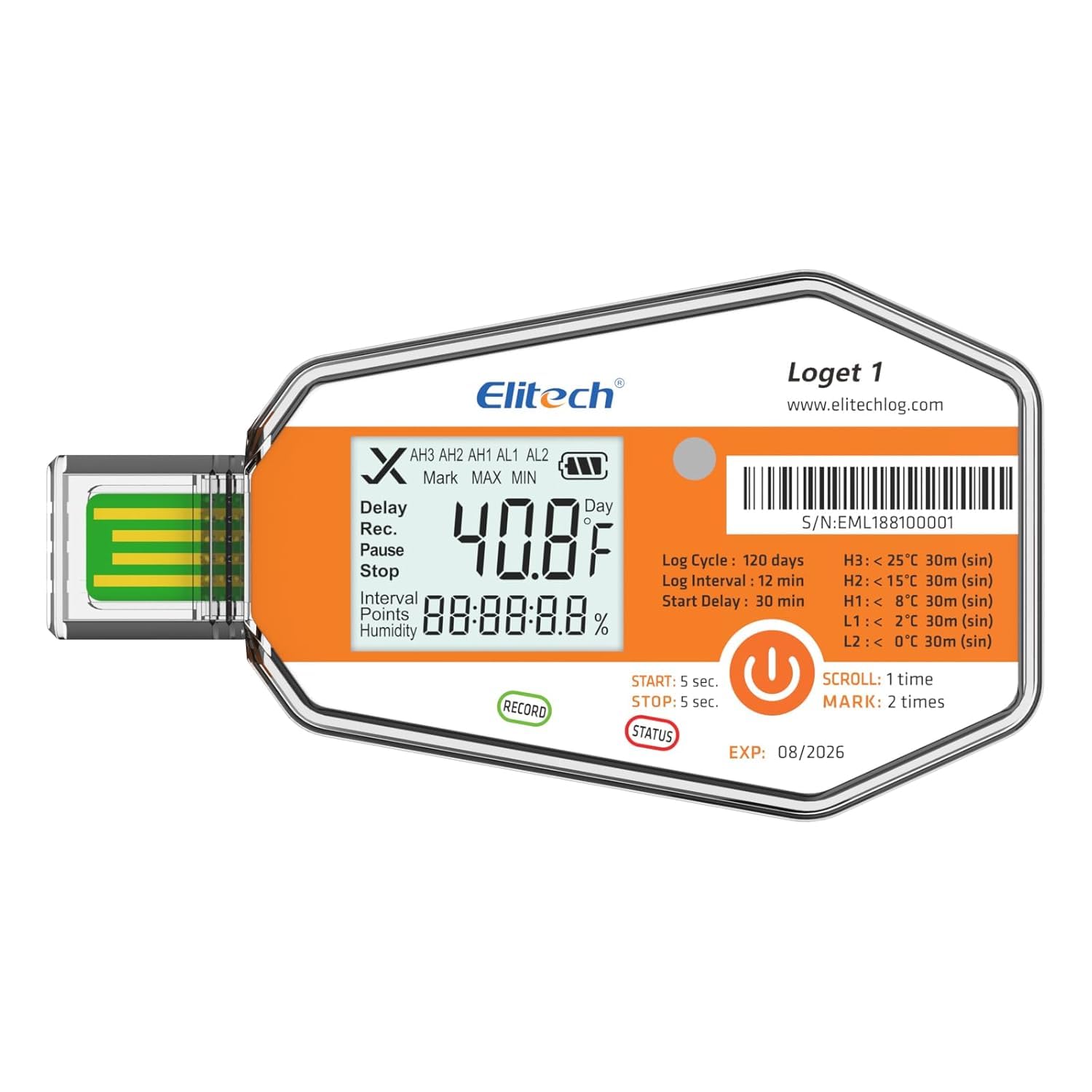 Elitech Registratore di Temperatura USB Monouso WHO PQS Calibrazione Report PDF 120 Giorni Trasporto e Display LCD Per Catena del Freddo LogEt1 – 1 Pezzo