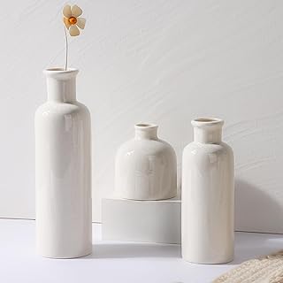Fixwal Vase 3pcs White Ceramic Vase, Boho Flower Vases for Decor Modern Farmhouse Home Living Room, Dried Flower Bud Vases for Shelf, Mantel, Centerpieces, Kitchen, Coffee Table Decor