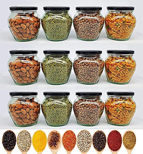 PRAMUKH FASHION 400 Ml Glass Jar with Air Tight Black Lid for Kitchen Dried Masla Storage Jar,Honey Jar,Jar and Container,Spice Masala Jar,Pot Glass Matka,Visible Glass Jar Pack of 6