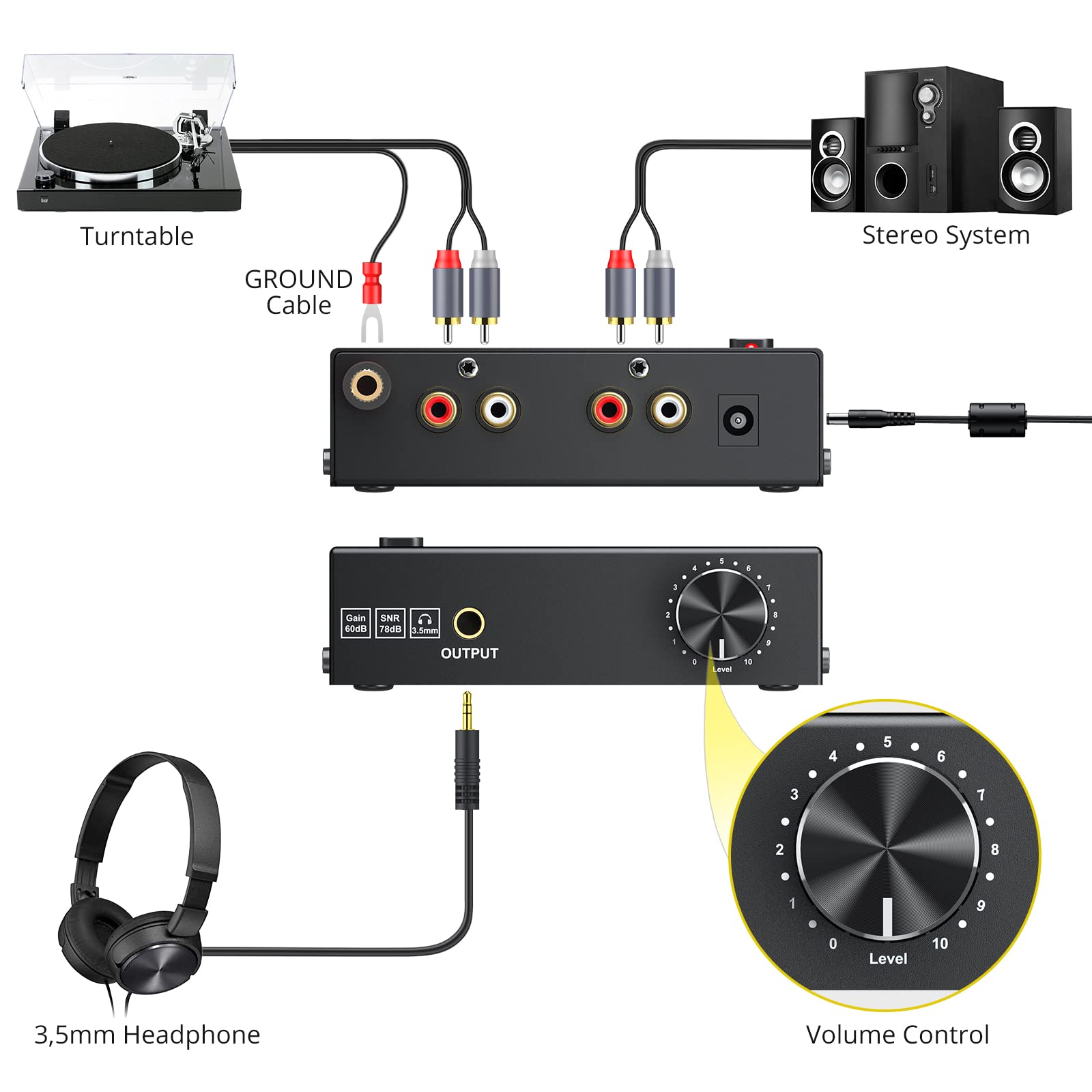 PROZOR Preamplificatore Phono Volume Regolabile Ingresso RCA Uscita RCA 1/4'' TRS PreAmp Audiophile Giradischi Nero