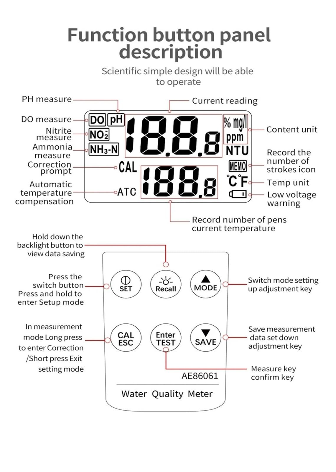 AE86061 Analyseur numérique de qualité de l'eau de laboratoire avec écran rétroéclairé | Mesure de la température, du pH, des nitrites, de l'ammoniaque et de l'azote (écran LCD) pour laboratoire/pisc