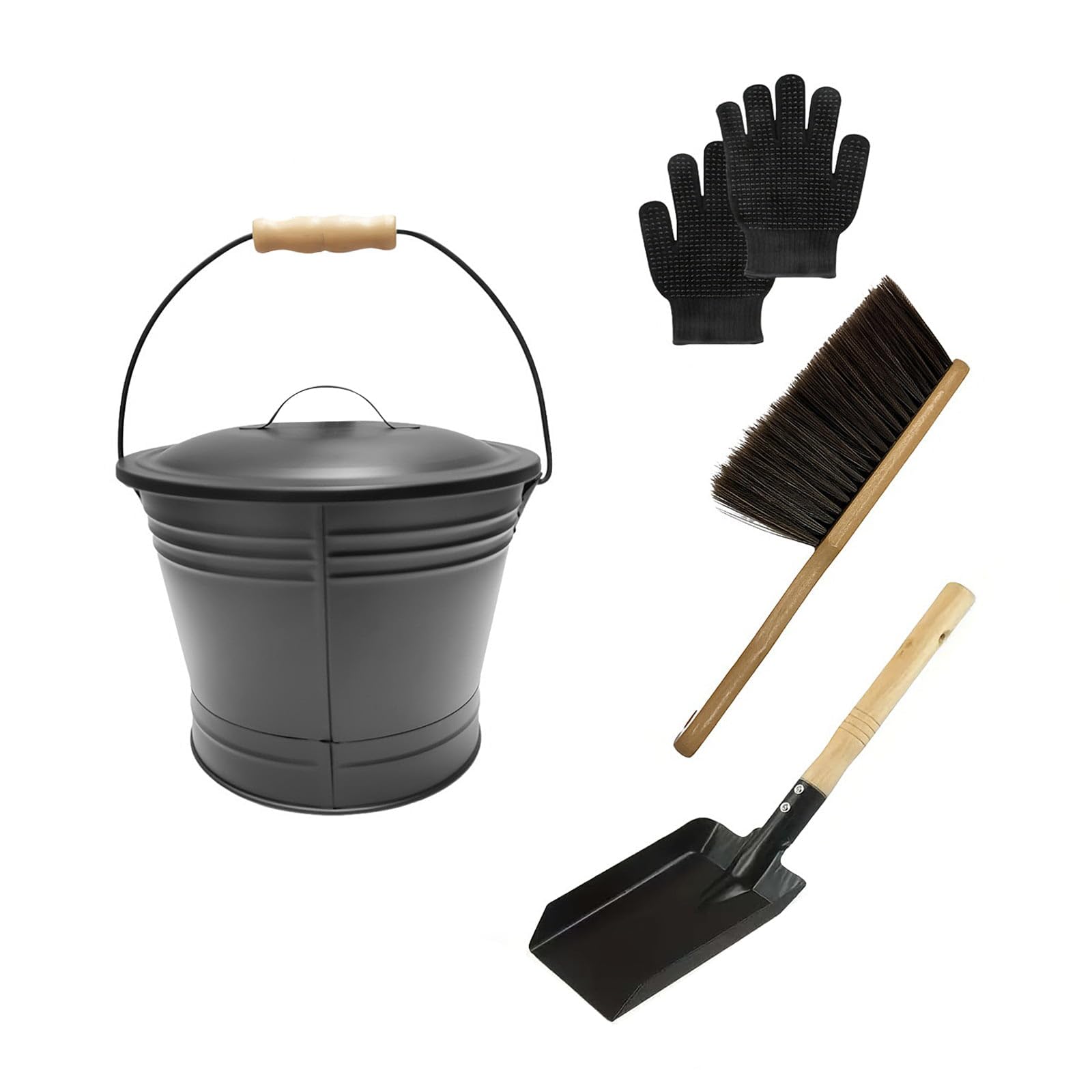 Ash Bucket 6L Metal Ash Bin Set with Lid, Shovel, Hand Broom and Gloves | Ash Can for Fireplaces and Fire Pits, Ash Carrier Cleaning Tools for Coal, Charcoal and Pellet Ash (6 L)