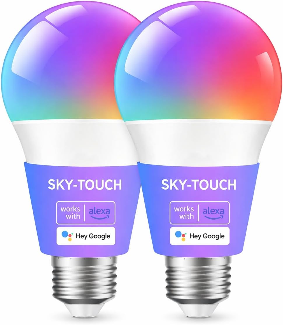 SKY-TOUCH 2Pcs Smart Led Bulb with Alexa WiFi, Google Assistant Home App, Smart WiFi and Bluetooth E27 Remote RGB Control Color Bulbs, AC 190-24V,50/60HZ,10W,2700k-6500K